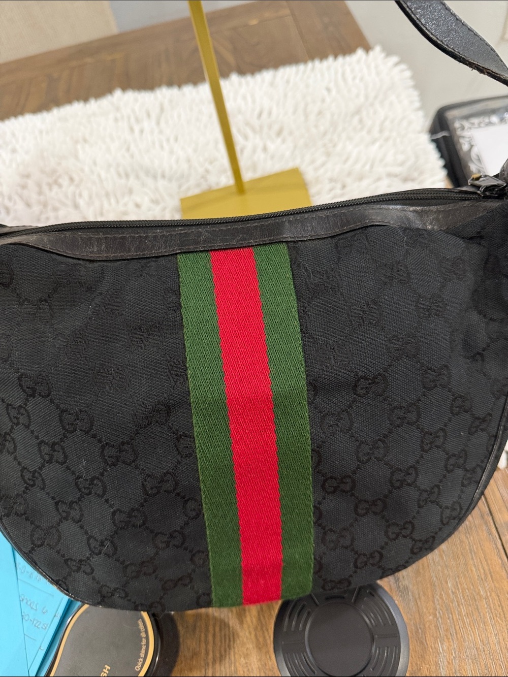 Gucci Black Canvas Shoulder Bag with Green and Red Web Stripe with COA - Picture 3 of 13